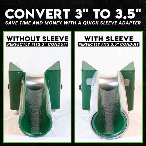 Green metal 441-3-1/2 in feeding sheave adapter; left without sleeve, right with sleeve.
