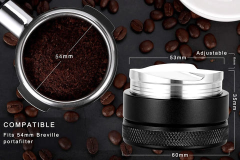 Apexstone 53mm coffee distributor with stainless steel top and black base; adjustable to fit 54mm Breville portafilters.