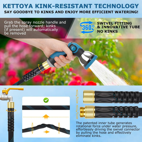 KETTOYA non-expanding garden hose 100 ft with swivel brass fittings and blue/black fabric cover, 10-pattern spray nozzle.