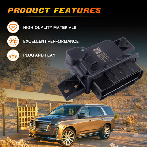 Fuel Pump Power Control Module Drop-In Replacement For GM Silverado 1500 5.3L 2019-2023 product in front of a Cadillac SUV.