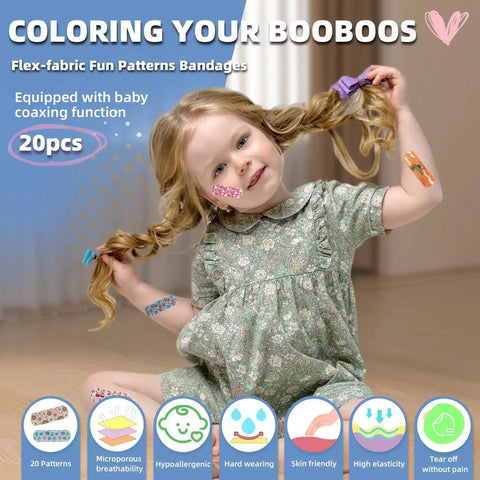 Child wearing colorful bandages from a 20-piece set, flex-fabric fun patterns, promotes baby coaxing, various health benefits listed.