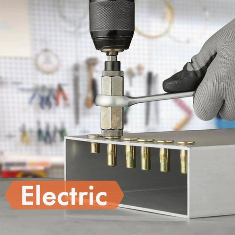 Rivet Nut Installation Tool Set With Plus Nuts And Cross Rivnut Kit used on metal tubing with electric drill in workshop