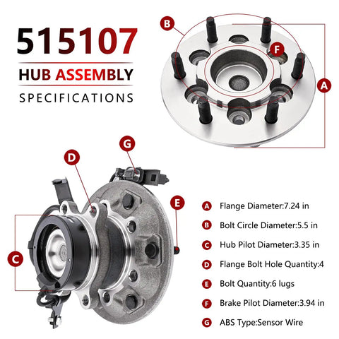 Front Right Passenger Side Wheel Hub Bearing Assembly Replacement For 2WD Heavy Duty Upgrade Fits Chevrolet Colorado 2004 Through 2008, GMC Canyon 2004 Through 2008, Isuzu I 280 2006, Isuzu I 290, I 370 2006 Through 2008, specifications diagram