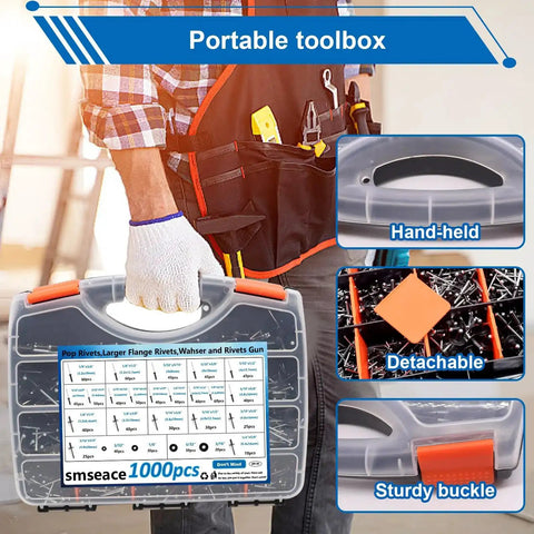 Pro Grade Beefed Up 1001 Piece Pop Rivet Gun Kit With Black Rivets Large Flange Rivets And Stainless Washers In Portable Toolbox