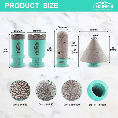 Pro Grade Diamond Core Drill Bits Set For Porcelain Tile And Ceramic Tile With 25mm And 35mm Bits, 50mm Diamond Chamfer Bits And 20mm Finger Milling Bits, 5/8-11 Thread Hole Saw Cutter For Dry And Wet Drilling product size chart with dimensions and grit details.