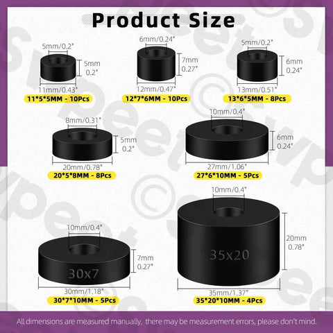 Must Have 50 Piece Round Rubber Spacer Kit in 7 Sizes for Anti Vibration Neoprene Grommets Thick Black Washers with sizes displayed
