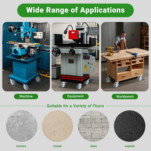 6 Inch Heavy Duty Caster Wheels on industrial equipment and workbenches, suitable for various floors like cement and carpet