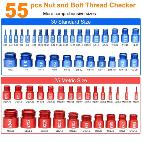 Detailed view of 55 Pieces Nut And Bolt Thread Checker Kit with 25 Metric and 30 Standard Gauges, showing all sizes.