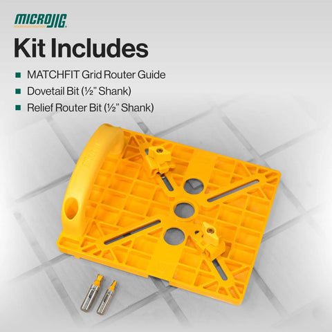 MatchFit Grid Routing Guide Kit For Dovetail Clamping Tracks with router bits and self indexing plate displayed.