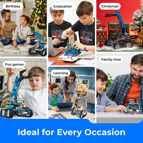 Makeblock mBot Ultimate 10-in-1 robot kit, blue chassis with wheels and robotic arm for STEM learning.