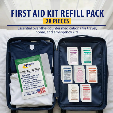 Open suitcase with 7 In 1 Travel Size Medicine Kit TSA Approved For On The Go Essentials With 28 Unit Dose OTC Packets displayed.
