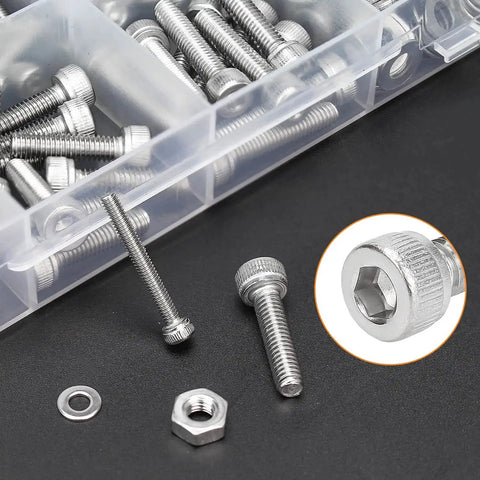 Close-up of All In One 1280 Piece Stainless Steel Hex Socket Cap Screw Kit M2 M2.5 M3 M4 With Nuts Washers And Hex Wrenches
