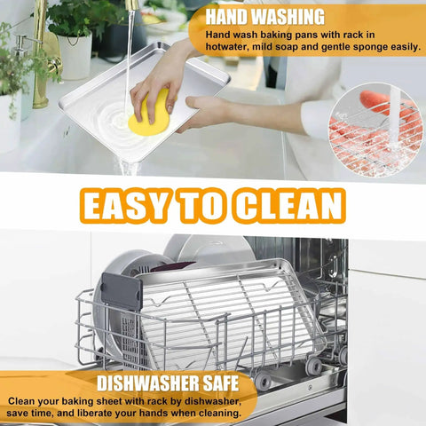 Image demonstrating Stainless Steel Quarter Sheet Pan With Rack 9x13 Inch being easy to clean by hand wash and dishwasher safe.