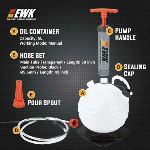 Image showing a 6L Vacuum Oil Extractor Pump With Long Reach Hose For Auto And Marine Oil Change, featuring a manual pump handle, sealing cap, and transparent hose set.