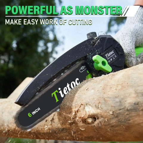 Mini Electric Chainsaw 6 Inch Cordless Handheld Saw With 880 Watt Motor Auto Oiler cutting a branch, demonstrating power and ease