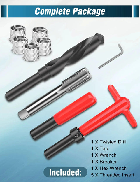M18x1.5 Thread Repair Kit 10 Piece Helicoil Set With Thread Chaser Portable Metric Inserts For Auto Repair Designed To Fix Stripped Threads In Aluminum And Steel Holes Fast And Easy With Durable Stainless Steel Inserts And A Handy Go To Tool Kit, showing drill bits, tap, wrench, and thread inserts.