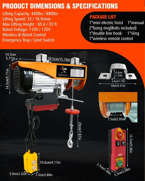 Electric hoist with wired and wireless remote control, orange housing, 880 lb capacity, winch and hook for garage or warehouse use