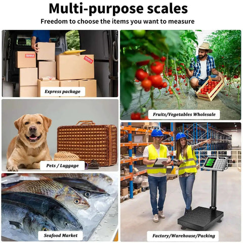 Collage showing uses for Pro Grade Digital Platform Scale For Packages And Luggage, 661 Lb Capacity, in various settings.