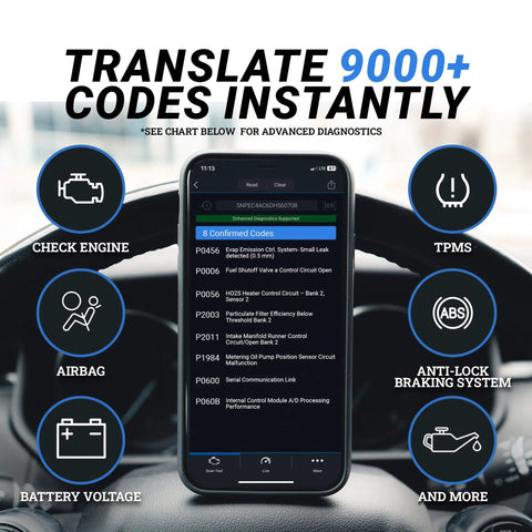 Close-up of smartphone displaying codes from Professional OBD2 Bluetooth Car Scanner For iPhone And Android Read And Clear Codes Diagnose Check Engine ABS SRS Airbag 7000 Plus Vehicle Issues 1996 And Newer No Subscriptions BlueDriver.