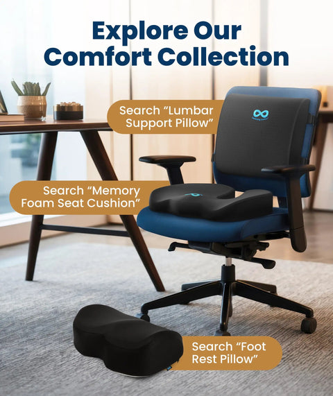 Doctor Recommended Memory Foam Seat Cushion For Office Chairs And Cars, Ergonomic Tailbone Pain Relief, Sciatica Support, large black cushion on office chair.