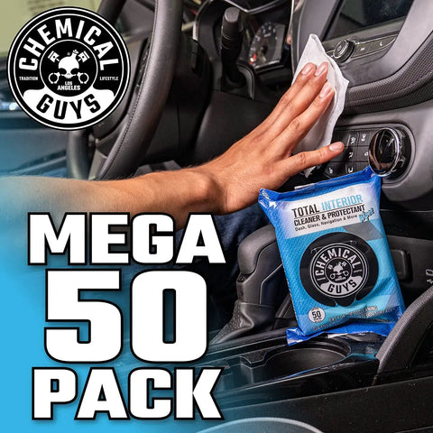 Person using Total Interior Cleaner And Protectant Wipes Mega 50 Pack For Cars Trucks SUVs Motorcycles RVs And More Safe Easy Clean Up No Mess For All Surfaces By Chemical Guys on a car dashboard.
