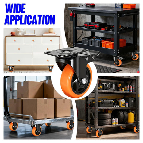Collage of 4 Inch Caster Set Of 4 Dual Locking PU Casters with orange wheels installed on furniture, workbenches, carts.
