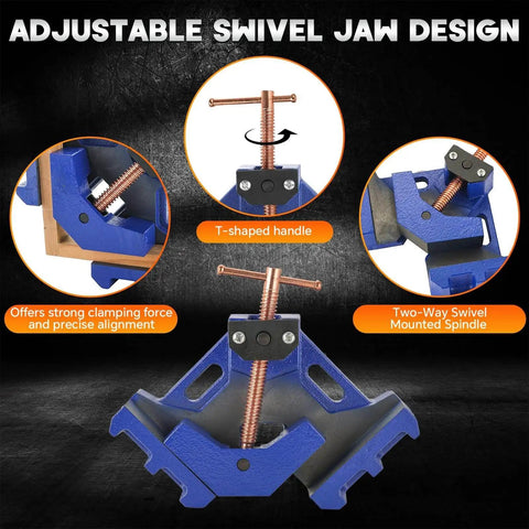 Adjustable swivel jaw design of Beefy Cast Iron Welders Angle Clamp For Woodworking, showing T-shaped handle and clamping details.