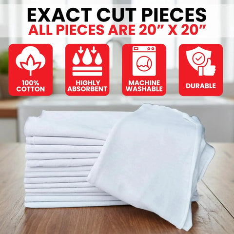 Stack of Premium Exact Cut White T Shirt Cleaning Rags Ten Pack 20x20 Inches Super Absorbent Cotton Rags for Mechanic Shops