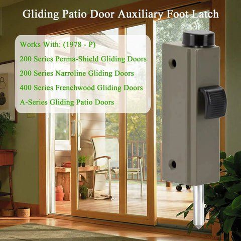 Auxiliary Foot Lock For Gliding Patio Doors Compatible With Andersen OEM Part 1997220, Two And Thirteen Sixteenths Inch Mounting Hole Centers, Stone Diecast Construction, Footbolt Guide For Installing On Andersen Gliding Doors, Not Universal, Andersen stone diecast auxiliary foot lock shown beside patio door.
