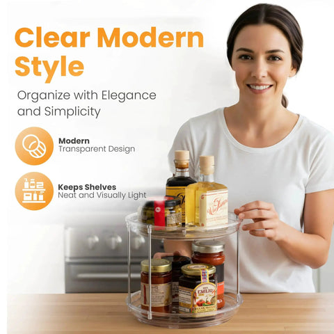 Two Tier Clear Lazy Susan Organizer With Smooth Silent Spin Turntable for Spices and Pantry Storage on kitchen tabletop