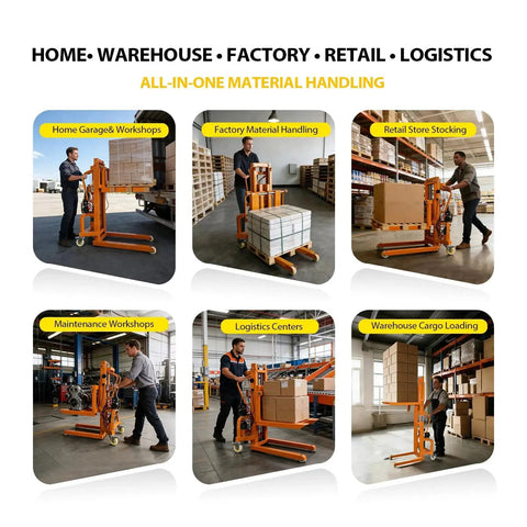 CareArise electric pallet stacker, orange, 660 lb capacity, shown in front and side warehouse views.