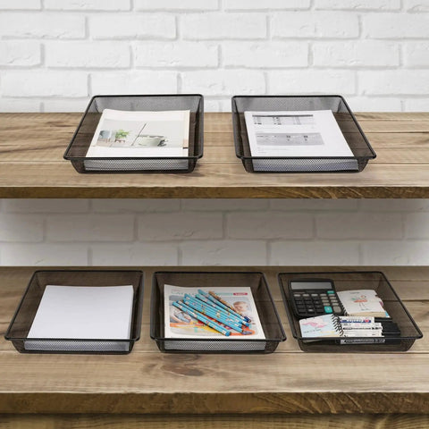 Metal Mesh Desk Paper Tray Organizer Set 5 Pack For Office Home School Black Turn In Trays And Flat Mail Letter Storage