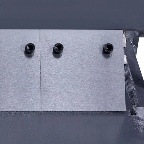 Close-up of 12 Inch Sheet Metal Bender For DIY Projects, 20 Gauge Mild Steel Capacity, showing metal sheet and adjustment knobs.
