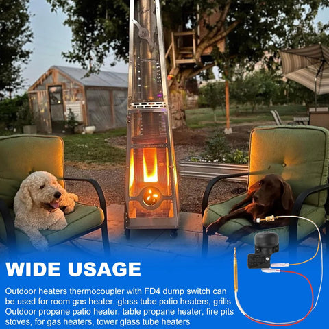 Outdoor patio heater with tall metal frame and visible flame; includes thermocoupler sensor kit and fittings.