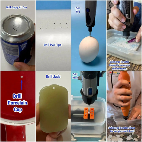 Demonstrations of drilling techniques on aluminum can, PVC pipe, egg, porcelain cup, jade, and pearl using rotary tools.