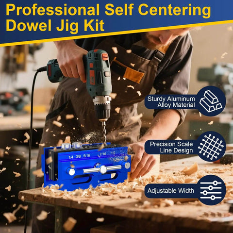 Woodworker using Steady Self Centering Dowel Jig Kit For Straight Holes And Biscuit Joinery Adjustable Width Drilling Guide