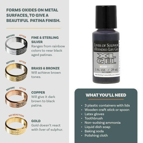 Image of Extended Life Liver Of Sulfur Gel For Patina Finishes On Silver Copper Bronze Jewelry And Metal Art Projects 1 Fluid Ounce Bottle with usage instructions.