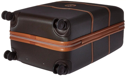 Bottom view of Chatelet Hard Plus Hardside Luggage With Spinner Wheels In Chocolate Brown, featuring four spinner wheels and faux leather accents by Delsey Paris.