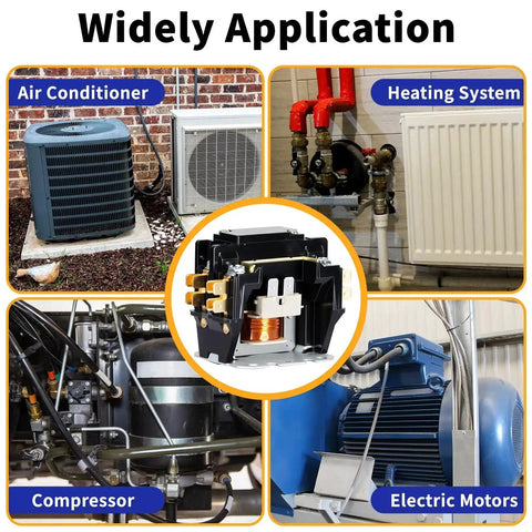 One Pole 30 Amp 24V Coil Air Conditioner Condenser Contactor for AC Compressors and HVAC Systems shown in various applications