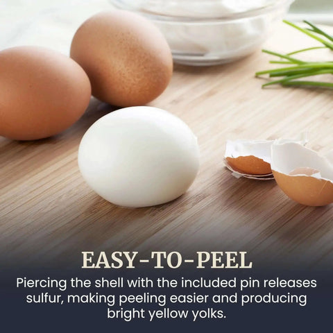 Egg Cooker That Boils Up To 14 Eggs At Once With Two Tier Design, Soft Medium Or Hard Boil Options, Auto Shut Off, No Fuss Cleanup, Great For Omelets And Poached Eggs, Measuring Cup And Piercing Pin Included, Black showing boiled and raw eggs with text description.