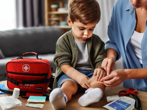 Child receiving care from 430 Piece First Aid Kit With Easy Access, Well Organized Labeled Pockets And Dedicated Bandage Area