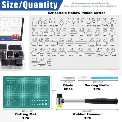 Diagram showing 55 Piece Hollow Punch Cutter Kit With 52 Shape Options, Carving Knife, 5 Blades, Rubber Hammer, A5 Cutting Mat.