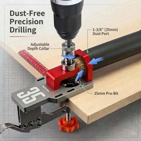 35mm Concealed Hinge Jig System for Cabinets with secure clamp, dust port, aluminum hardware, installed on wood surface