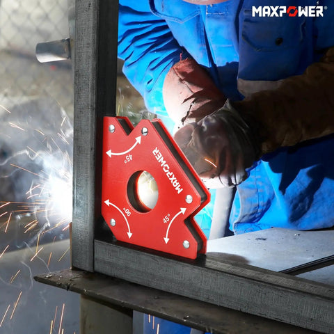 Close-up of Powerful 75 Lbs Welding Magnets Set Two Piece With 45 Degree And 90 Degree Magnetic Holders in use during welding