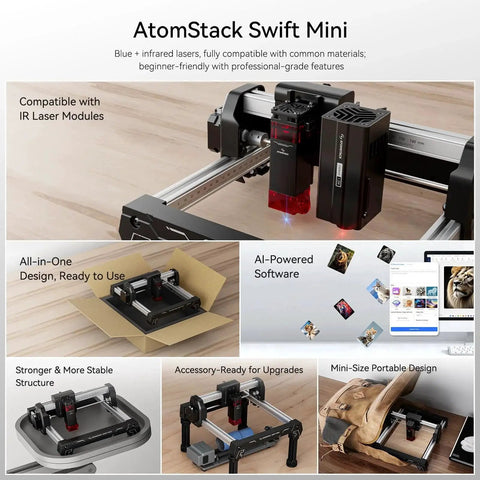 Swift Laser Engraver For Beginners 3W Desktop Cutter With 135x145mm Work Area And 0.04mm High Precision For Wood Leather Acrylic Crafts Gifts 3000mW Fully Pre Assembled No Tool Setup Ready From Atomstack, shown with features and accessories.