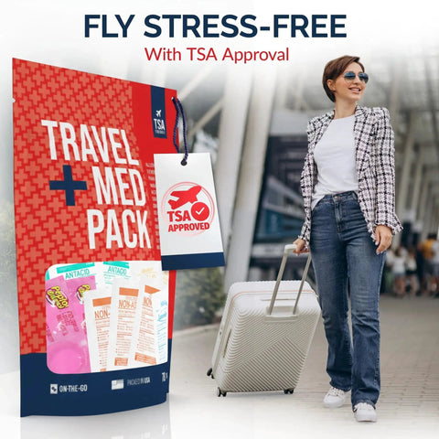 Grab And Go Travel Medicine Kit with 78 Piece TSA Friendly Medical Pack displayed at airport with traveler holding luggage.