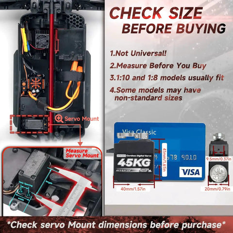Diagram showing measurements for installing Beefy 45Kg Coreless Servo For RC Cars And Boats with visual guide on size and fitting.