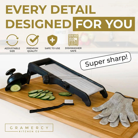 All In One Adjustable Mandoline Slicer With Built In Blades For Kitchen Prep Potato Cutter Veggie Chopper Cucumber Slicer And Julienne Options on countertop