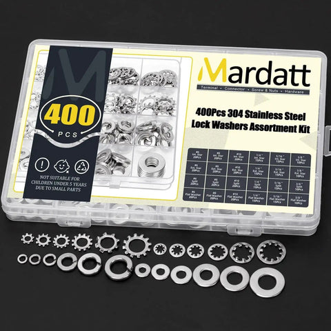 Must Have 400 Piece Stainless Steel Lock Washer Set With Flat, Split, Internal Tooth And External Tooth Washers In Six Sizes