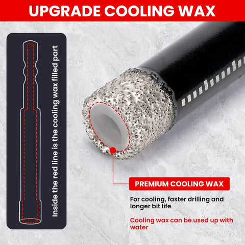 Close-up of Diamond Drill Bits Set For Ceramic Tile Glass Granite Marble Brick Stone Five Piece Pack with cooling wax feature